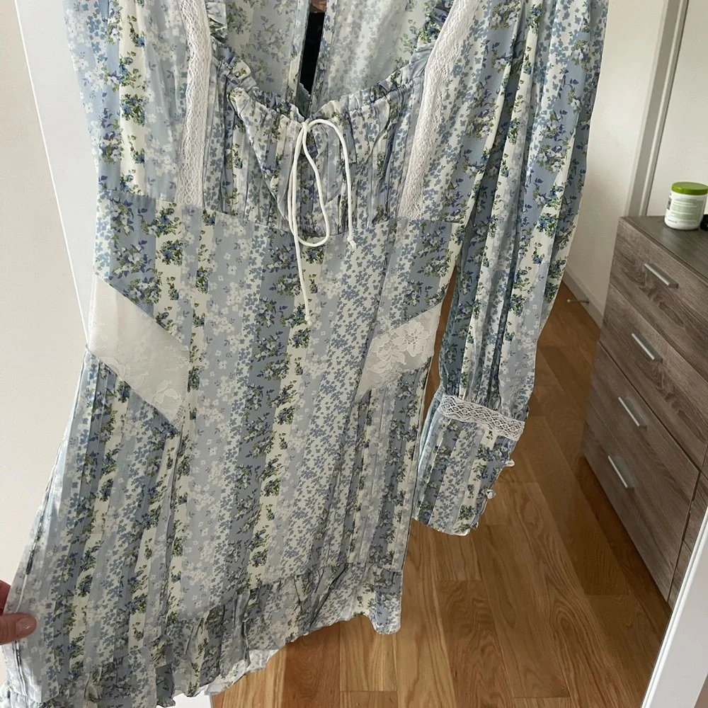 For Love & Lemons Blue Floral Puff-Sleeve Mini Dress - Picture 7 of 8